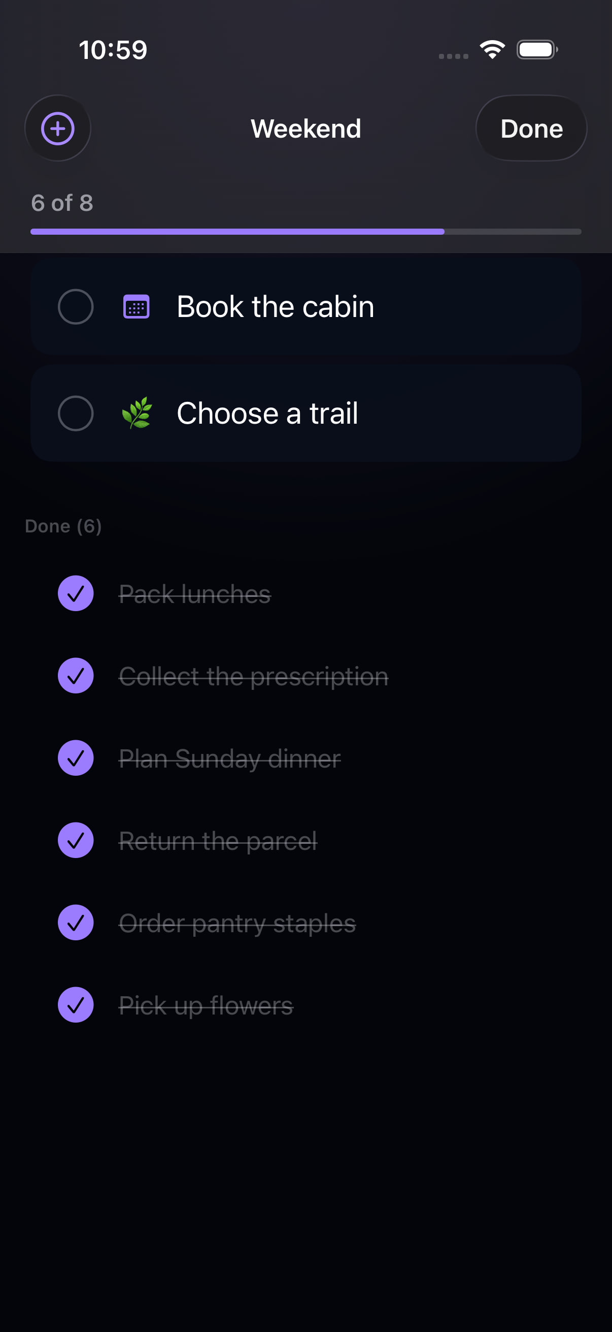 Vexor Checklist Mode in dark mode with large tap targets and completed items moved below
