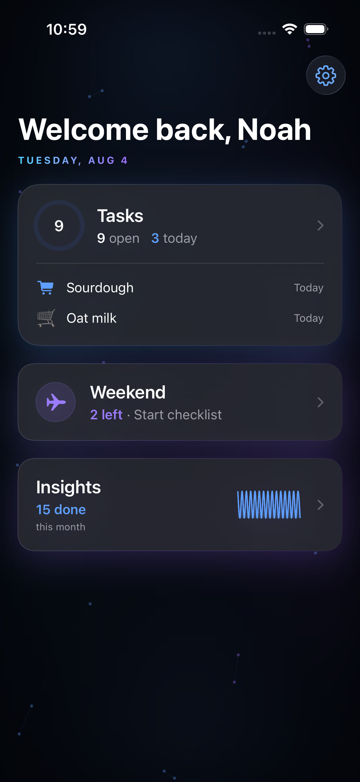 Vexor Home in dark mode, greeting Noah and showing shared tasks, a Weekend checklist, and Insights